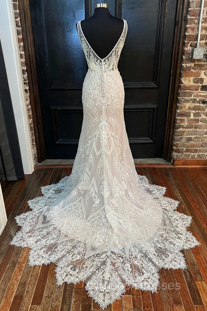 Glamorous Beige Lace V-Neck Backless Mermaid Long Wedding Dress Sexy Secondary image