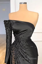 Glamorous Black Long Sleeve One Shoulder Formal Prom Dress Beadings Evening Gowns
