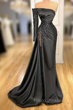 Glamorous Black Long Sleeve One Shoulder Formal Prom Dress Beadings Evening Gowns