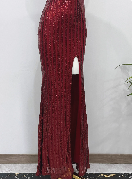 Glamorous Burgundy Slim-Fit One-Shoulder Slit Sequin Long Prom Dress Evening Dress