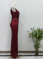 Glamorous Burgundy Slim-Fit One-Shoulder Slit Sequin Long Prom Dress Evening Dress