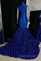 Glamorous High Neck Long Sleeves Formal Prom Dress Mermaid Flowers Bottom With Beads