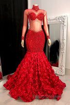 Glamorous High Neck Long Sleeves Formal Prom Dress Mermaid Flowers Bottom With Beads