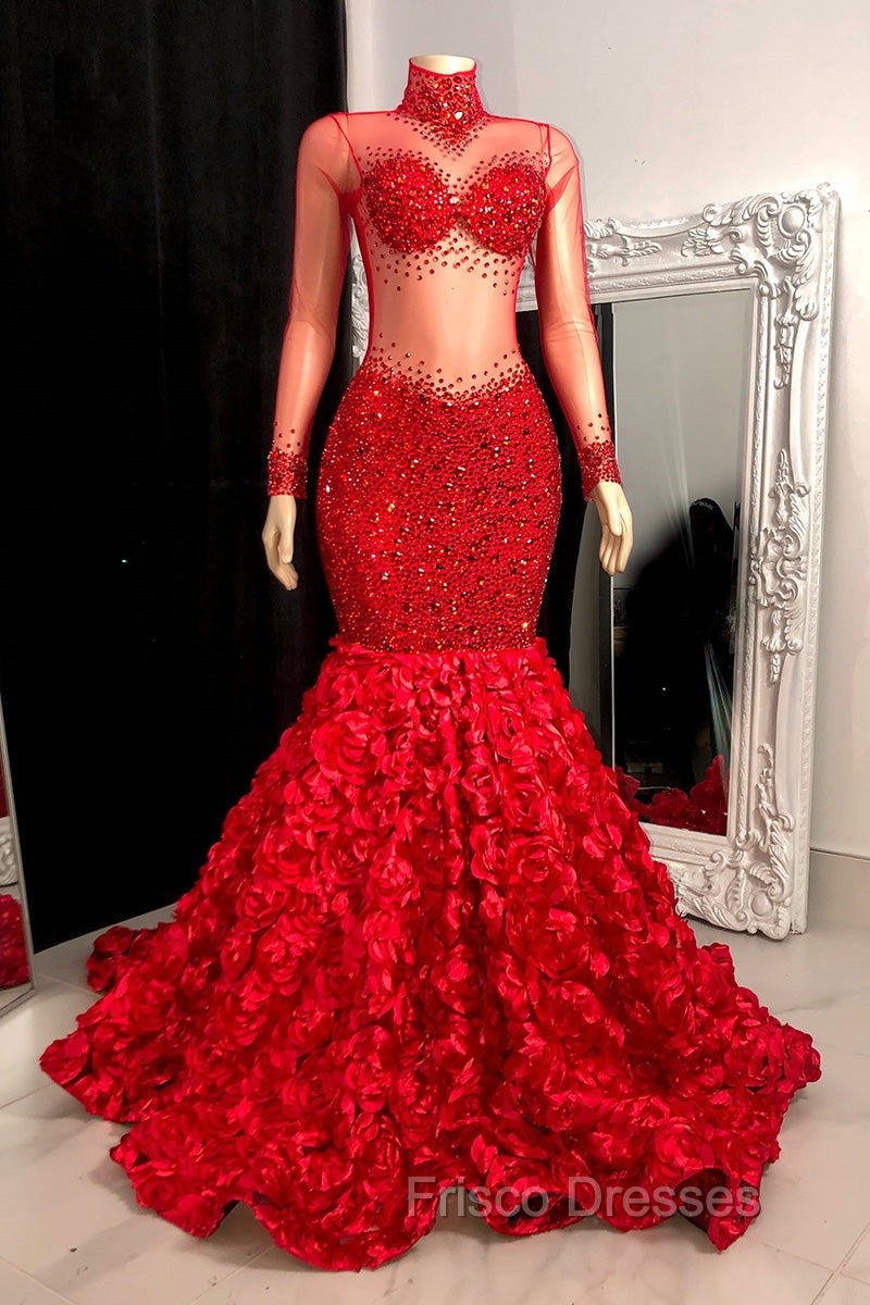 Glamorous High Neck Long Sleeves Formal Prom Dress Mermaid Flowers Bottom With Beads
