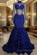 Glamorous High Neck Long Sleeves Formal Prom Dress Mermaid Flowers Bottom With Beads