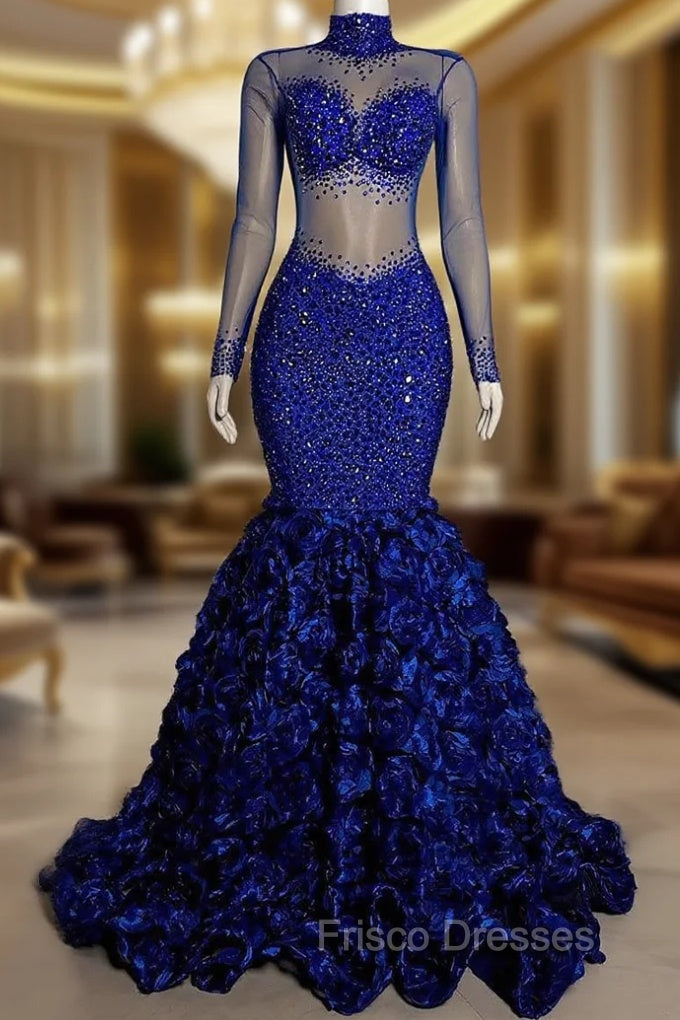 Glamorous High Neck Long Sleeves Formal Prom Dress Mermaid Flowers Bottom With Beads