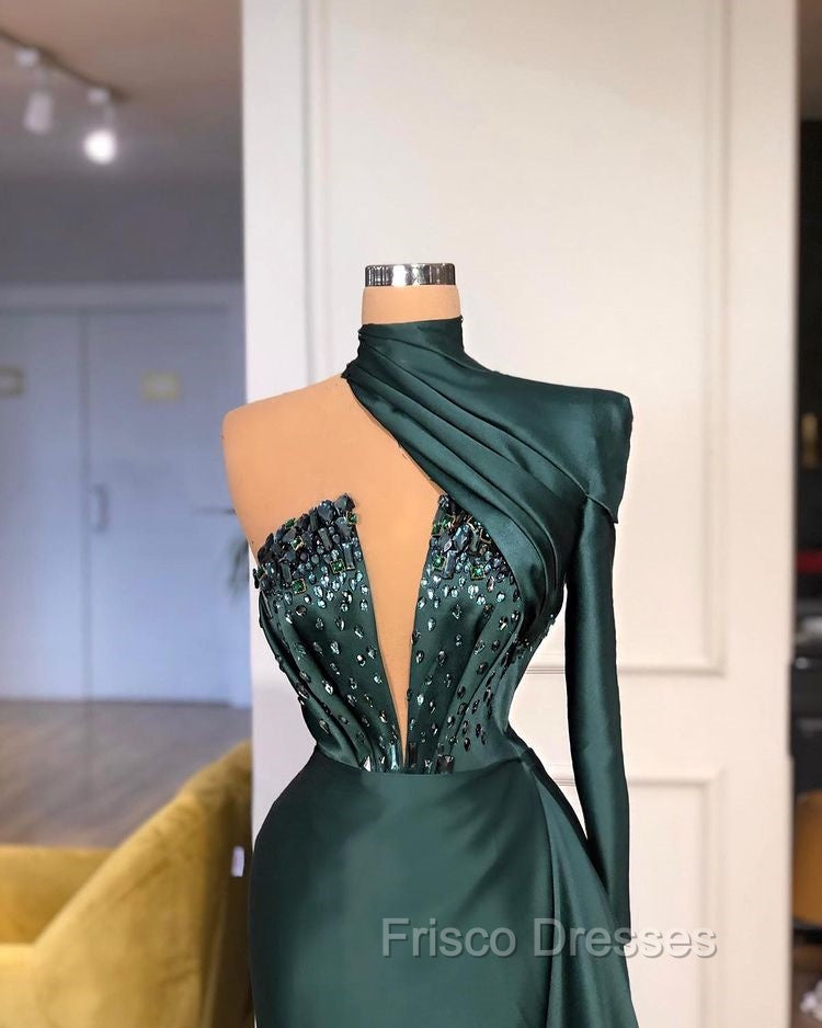 Glamorous High Neck One Shoulder Long Sleeve Mermaid Evening Gowns With Crystals Secondary image