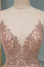 Glamorous Long A-line Sequins V-Neck Open Back Evening Formal Prom Dress