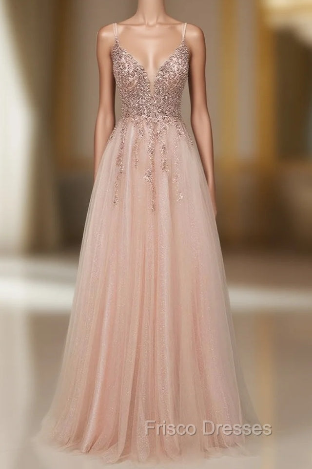 Glamorous Long A-line Sequins V-Neck Open Back Evening Formal Prom Dress