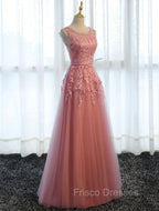 Glamorous Long Evening Dress Lace Cameo Pink Party Dress A Line Applique Tulle Maxi Formal Dress