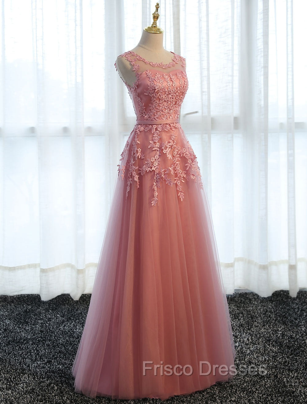 Glamorous Long Evening Dress Lace Cameo Pink Party Dress A Line Applique Tulle Maxi Formal Dress