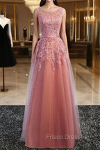 Glamorous Long Evening Dress Lace Cameo Pink Party Dress A Line Applique Tulle Maxi Formal Dress