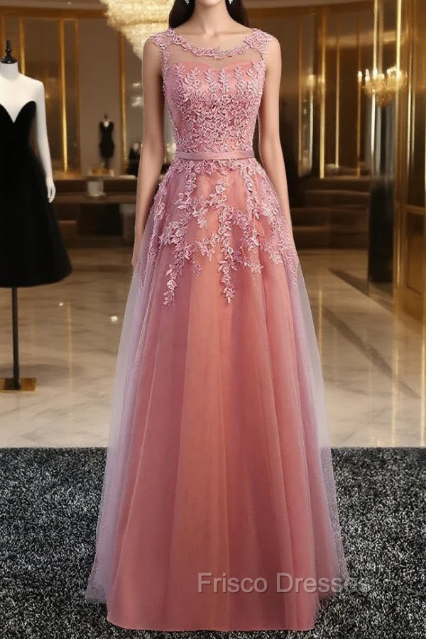 Glamorous Long Evening Dress Lace Cameo Pink Party Dress A Line Applique Tulle Maxi Formal Dress