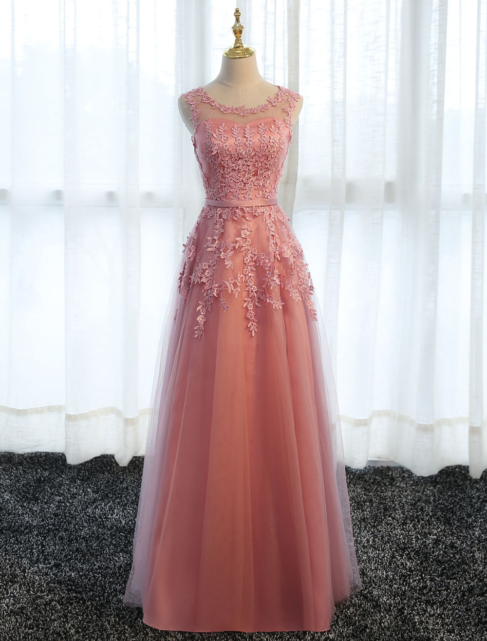 Glamorous Long Evening Dresses Lace Cameo Pink Party Dress A Line Applique Tulle Maxi Formal Dress Main image