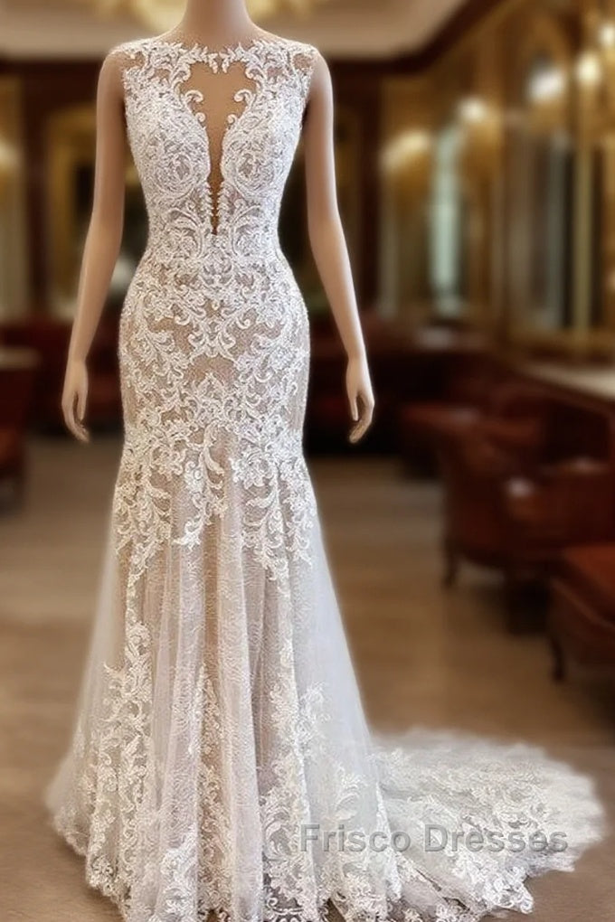 Glamorous Long Mermaid Bateau Appliques Lace Tulle Wedding Dress Main image