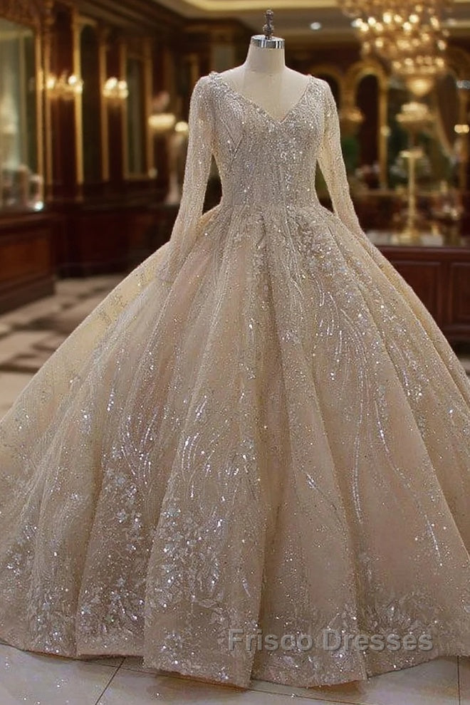 Glamorous Long Sleeve V-neck Sequin Beading Ball Gown Wedding Dress Main image