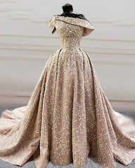 Glamour Ball Gown Satin Dresses Lace Embroidery Off Shoulder
