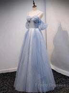 Glitter A-Line Princess Off Shoulder Tulle Gray Blue Long Formal Prom Dress Sparkly Evening Dress