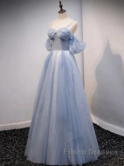 Glitter A-Line Princess Off Shoulder Tulle Gray Blue Long Formal Prom Dress Sparkly Evening Dress