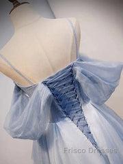 Glitter A-Line Princess Off Shoulder Tulle Gray Blue Long Formal Prom Dress Sparkly Evening Dress