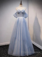 Glitter A-Line Princess Off Shoulder Tulle Gray Blue Long Formal Prom Dress Sparkly Evening Dress