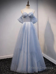 Glitter A-Line Princess Off Shoulder Tulle Gray Blue Long Formal Prom Dress Sparkly Evening Dress