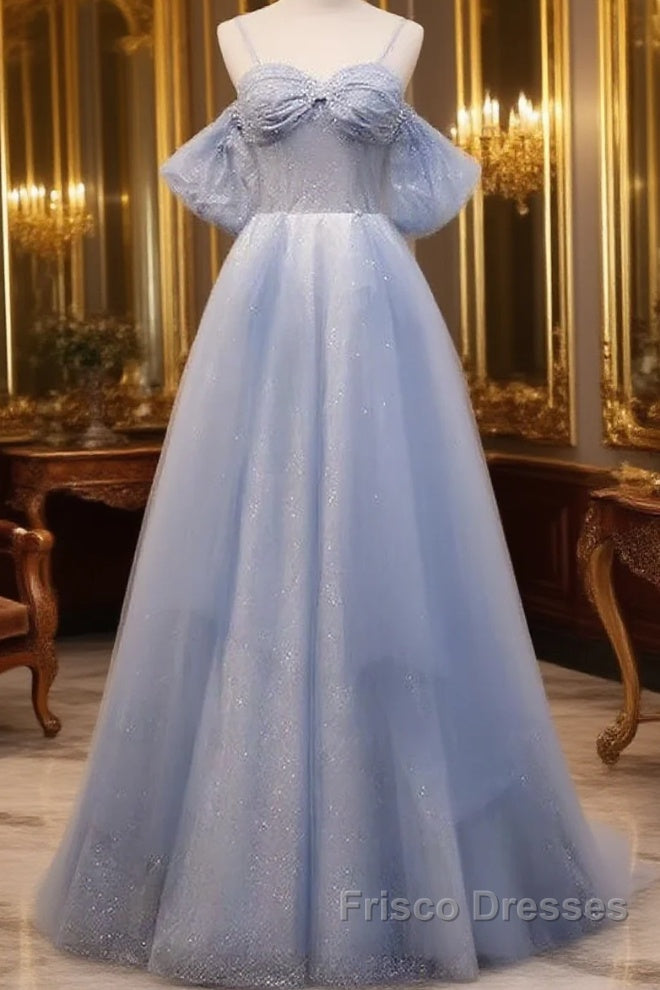 Glitter A-Line Princess Off Shoulder Tulle Gray Blue Long Formal Prom Dress Sparkly Evening Dress Main image