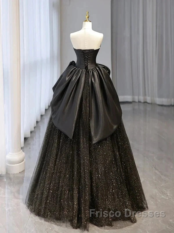 Glitter A-Line Sweetheart Neck Tulle Satin Ballgown Black Long Formal Prom Dress Sparkly Evening Dress Secondary image