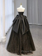 Glitter A-Line Sweetheart Neck Tulle Satin Ballgown Black Long Formal Prom Dress Sparkly Evening Dress