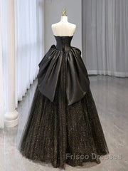 Glitter A-Line Sweetheart Neck Tulle Satin Ballgown Black Long Formal Prom Dress Sparkly Evening Dress