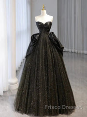 Glitter A-Line Sweetheart Neck Tulle Satin Ballgown Black Long Formal Prom Dress Sparkly Evening Dress