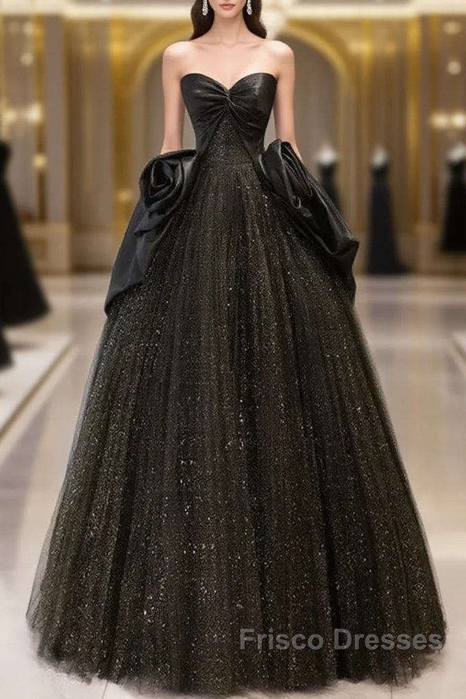 Glitter A-Line Sweetheart Neck Tulle Satin Ballgown Black Long Formal Prom Dress Sparkly Evening Dress Main image