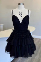 Glitter Black Tiered Spaghetti Straps Short Homecoming Dress