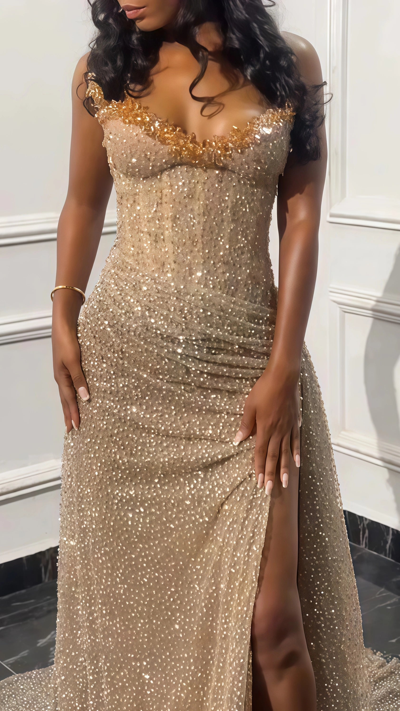 Glitter Bodycon Champagne Evening Prom Dress, Sexy Beaded Split Party Formal Gown Secondary image