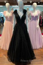 Glitter Feathers V-Neck Empire Waist A-Line Formal Prom Gown,Evening Party Dress