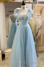 Glitter Feathers V-Neck Empire Waist A-Line Formal Prom Gown,Evening Party Dress