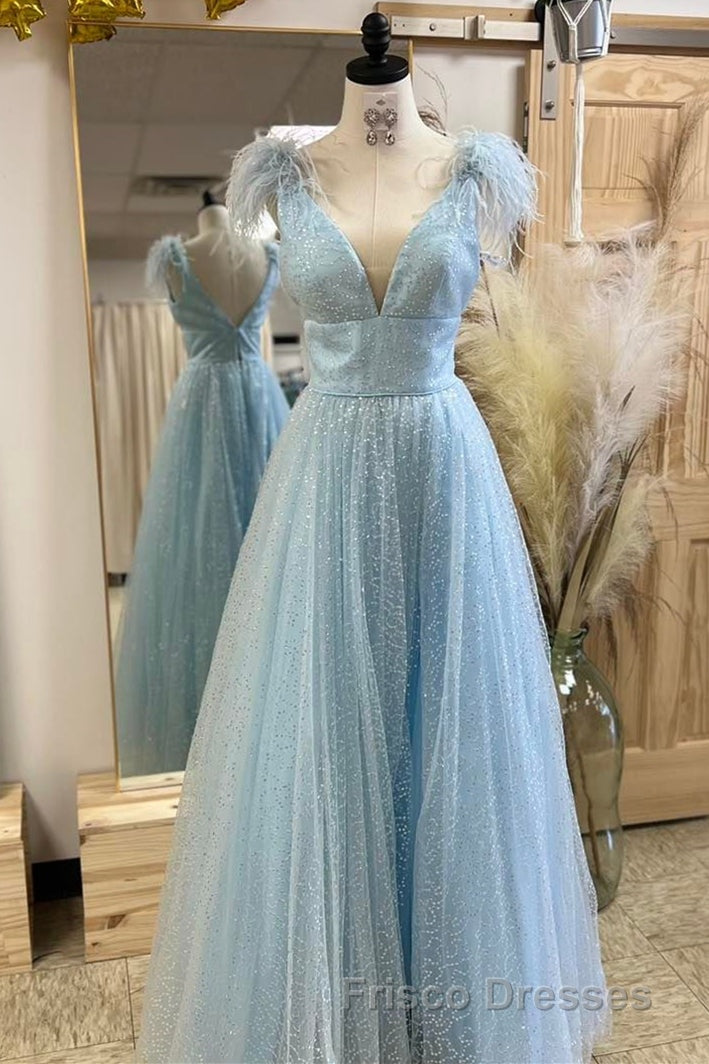 Glitter Feathers V-Neck Empire Waist A-Line Formal Prom Gown,Evening Party Dress