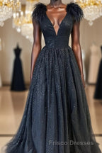 Glitter Feathers V-Neck Empire Waist A-Line Formal Prom Gown,Evening Party Dress