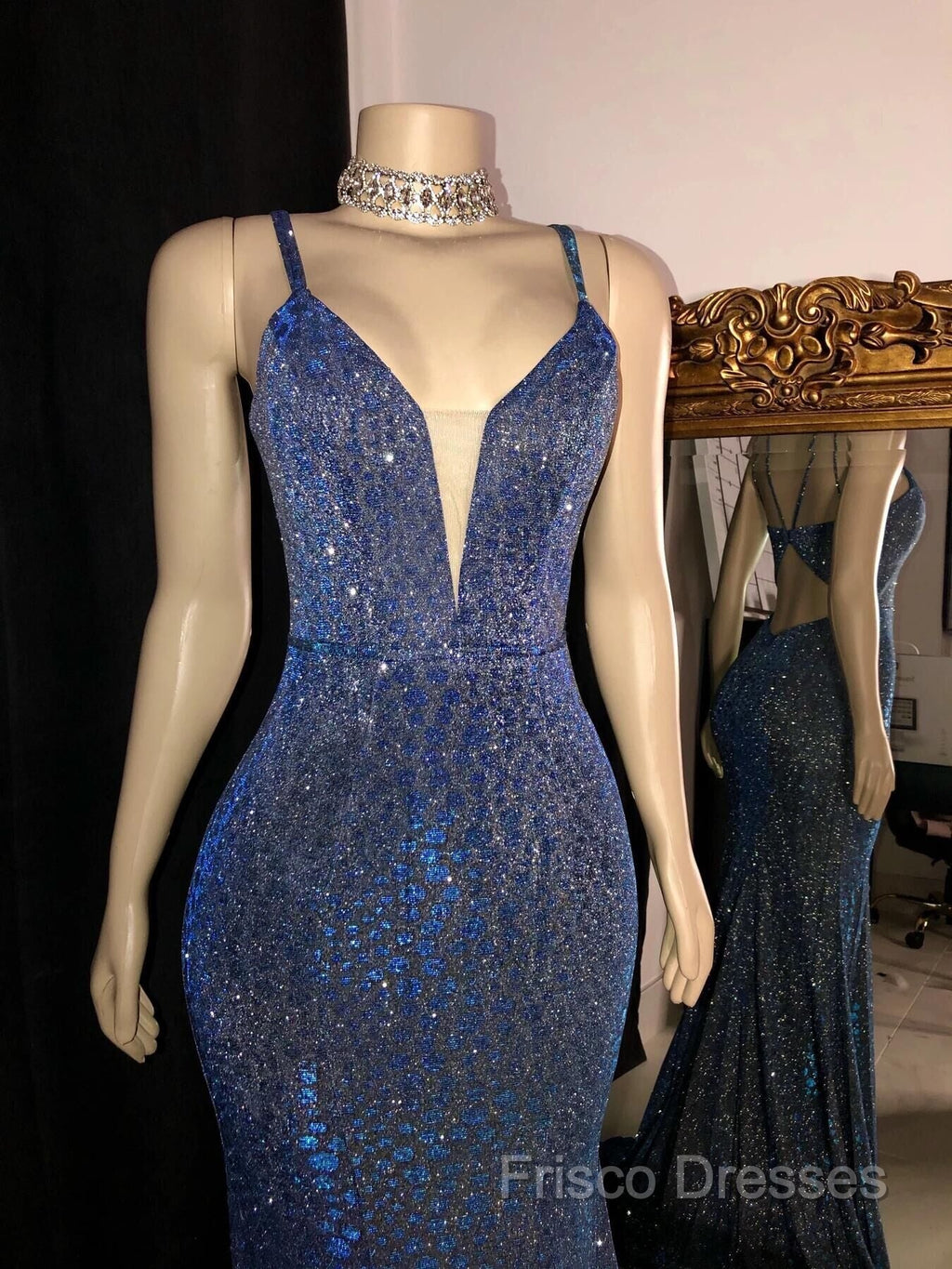 Glitter Mermaid Formal Prom Dress Long Spaghetti Straps V Neck Open Back Formal Party Gowns