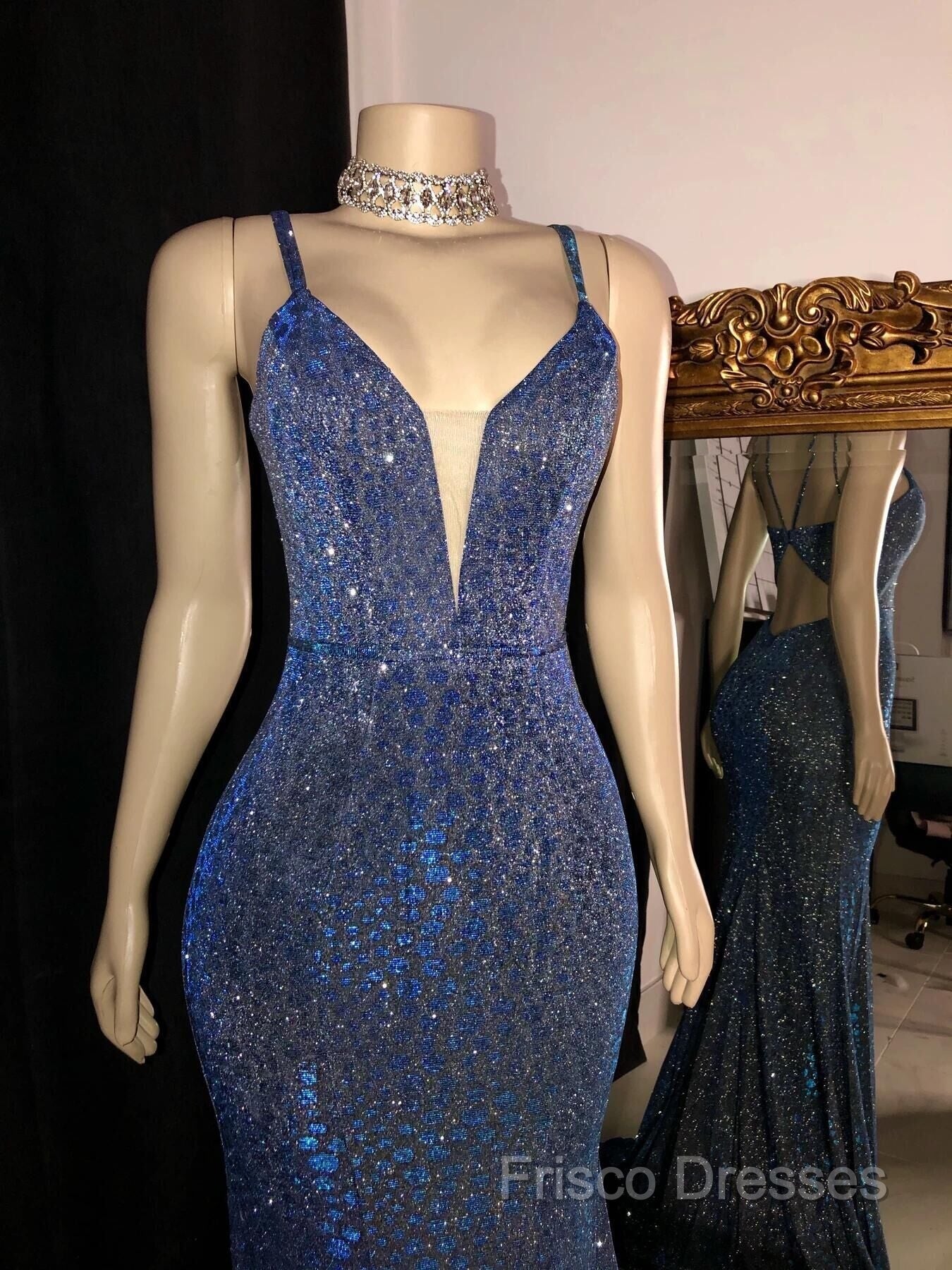 Glitter Mermaid Formal Prom Dress Long Spaghetti Straps V Neck Open Back Formal Party Gowns