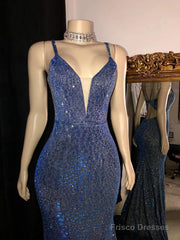 Glitter Mermaid Prom Dresses Long Spaghetti Straps V Neck Open Back Formal Evening Party Gowns