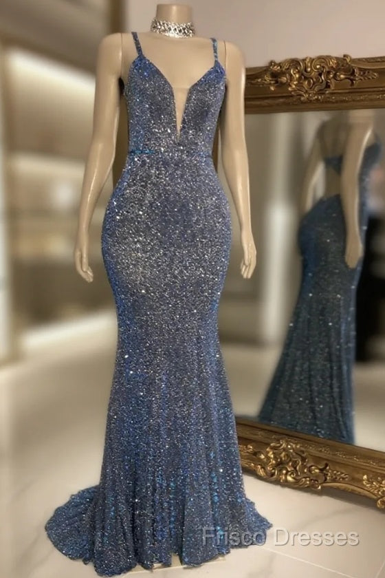 Glitter Mermaid Formal Prom Dress Long Spaghetti Straps V Neck Open Back Formal Party Gowns Main image