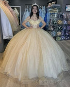 Glitter Off The Shoulder Beading Tulle Long Quinceanera Dress