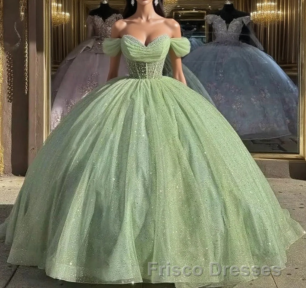 Glitter Off The Shoulder Beading Tulle Long Quinceanera Dress