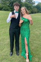 Glitter One Shoulder Hot Pink Sequins Mermaid Prom Dress With Slit
