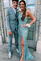 Glitter One Shoulder Hot Pink Sequins Mermaid Prom Dress With Slit