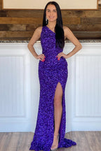 Glitter One Shoulder Hot Pink Sequins Mermaid Prom Dress With Slit