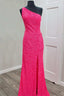 Glitter One Shoulder Hot Pink Sequins Mermaid Prom Dress With Slit