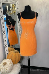 Glitter Orange Sequins Short Homecoming Dress