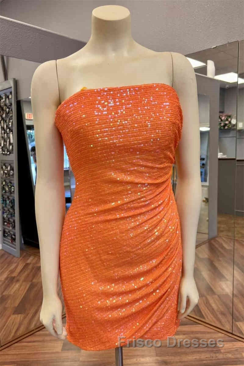 Glitter Orange Strapless Sequined Mini Homecoming Dress Main image
